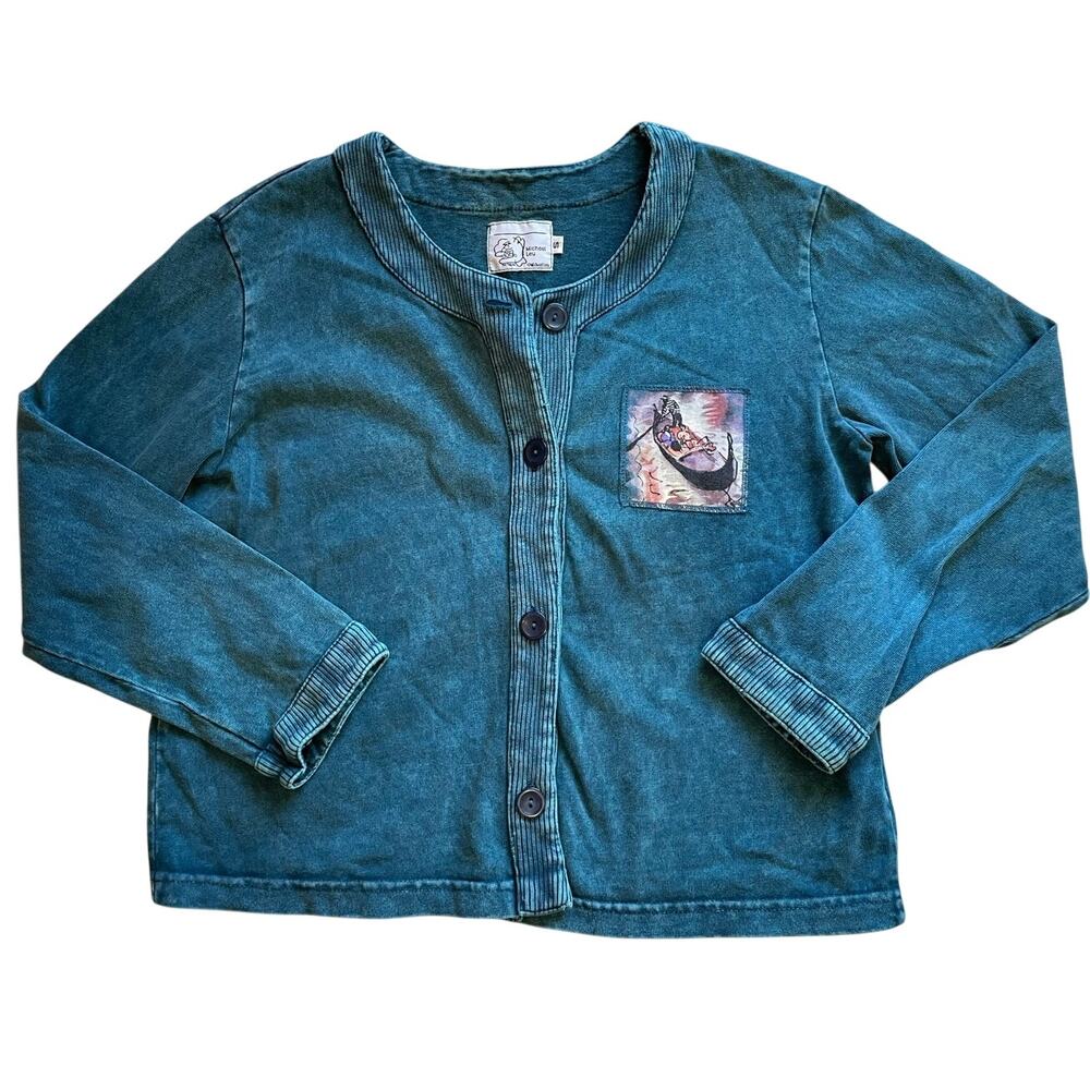 Michael Leu Washed Blue Button Front Cotton Cardigan W/ Painted Style Graphic Sm